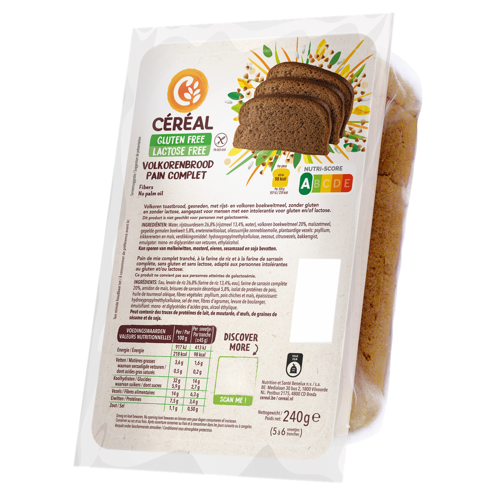 Cereal Glutenvrij & Lactosevrij Volkoren Brood 240 gram