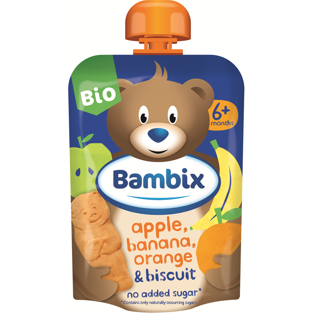 Bambix Knijpzakje Appel, Banaan, Sinaasappel&Koekjes Bio 6M+ 100 gr