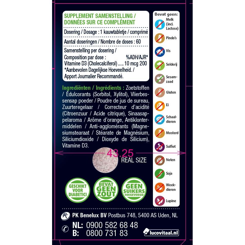 Lucovitaal Vitamine D3 10 mcg 60 kauwtabletten