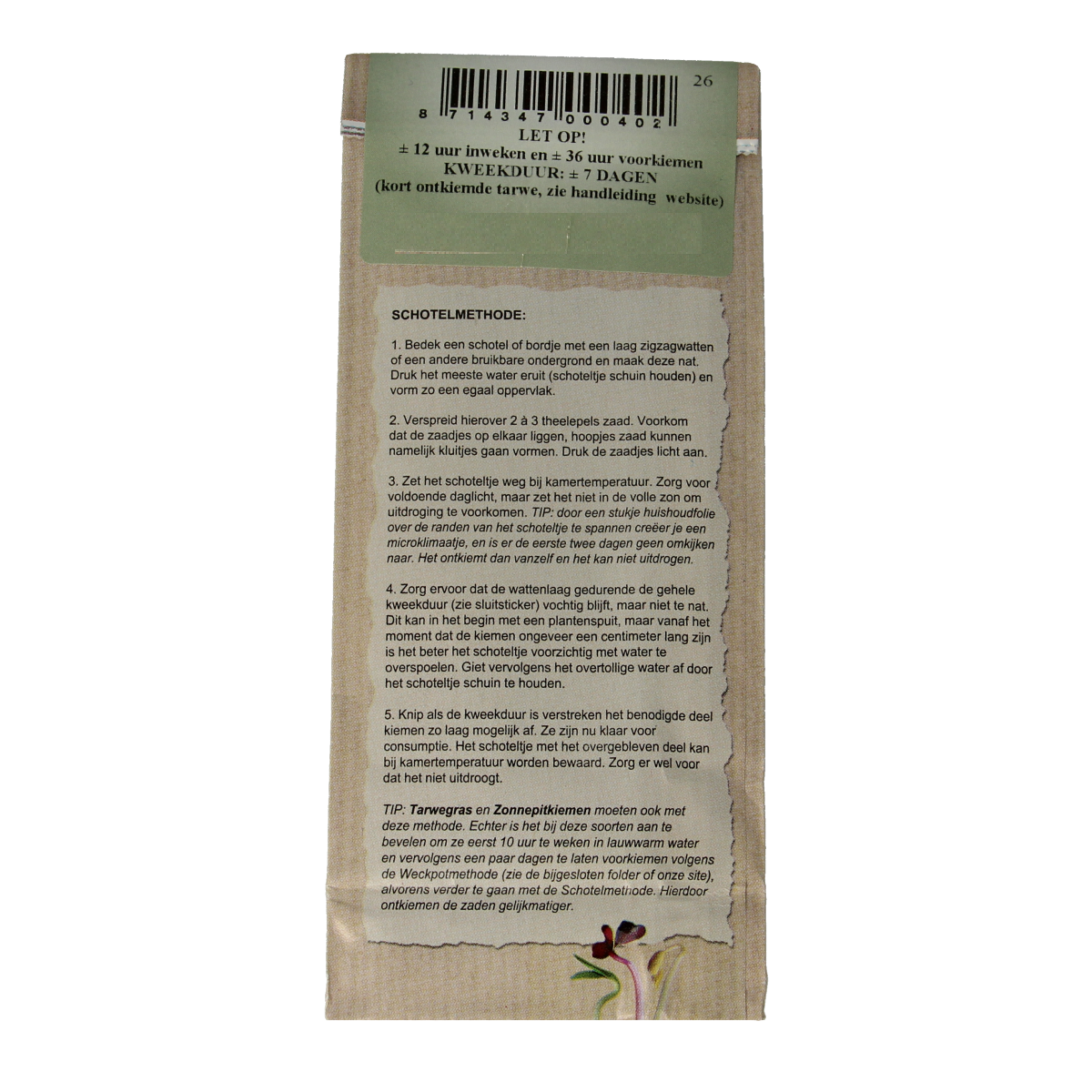 Biologische kiemerij De Peuleschil Tarwegras zaad 150 gram