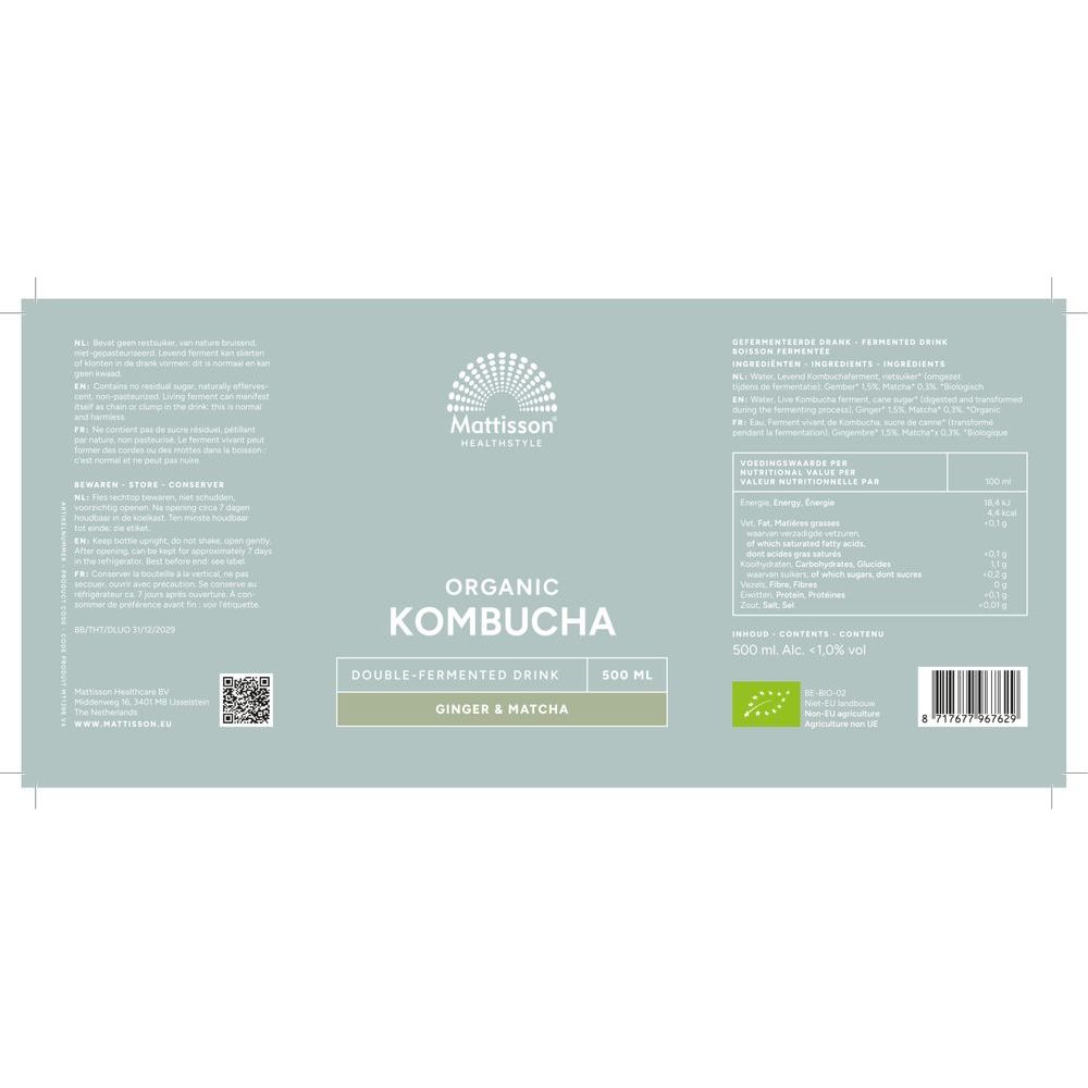 Mattisson Biologische Kombucha Gember & Matcha 500 ml