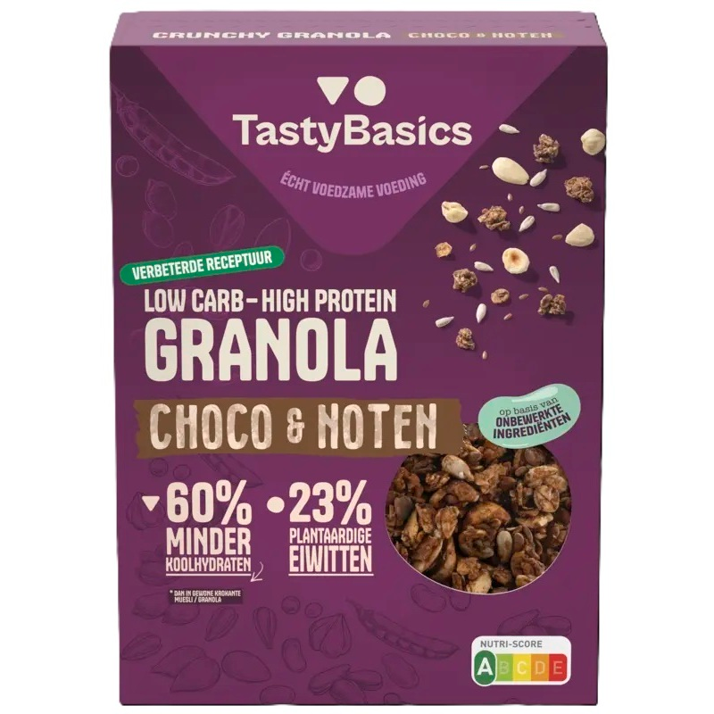 Tastybasics Less carb-high protein granola choco en noten 350 gram