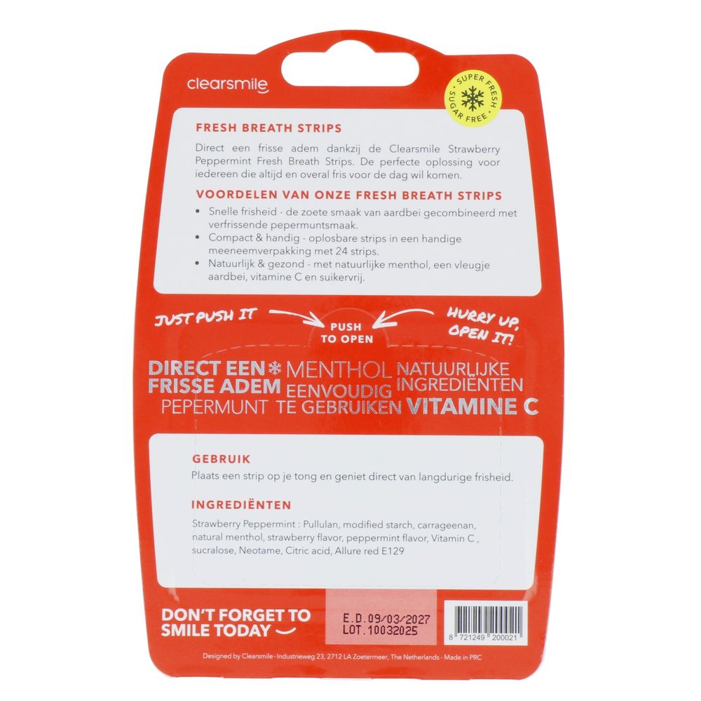 Clearsmile Fresh Breath Strips Natural Menthol, Pepermunt + Vitamine C Strawberry Flavor 4 stuks