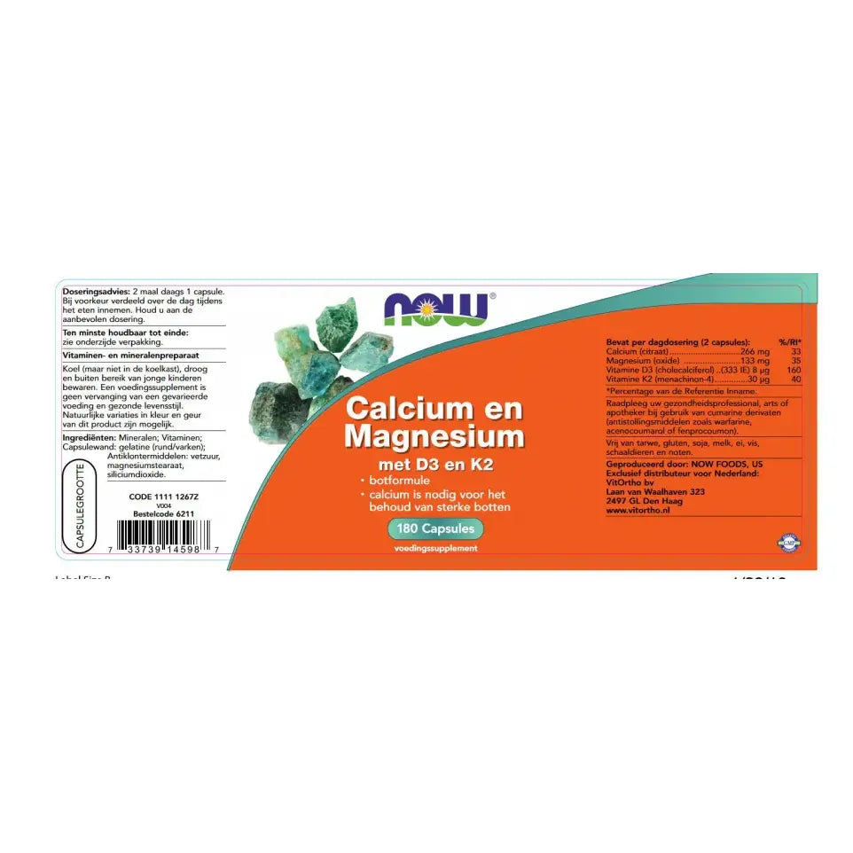 NOW Calcium en Magnesium met D3 en K2 180 capsules