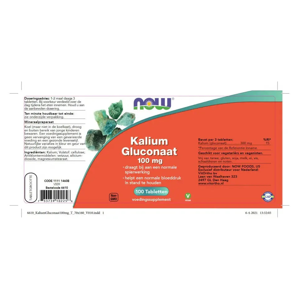 NOW Kalium gluconaat 100 mg 100 tabletten