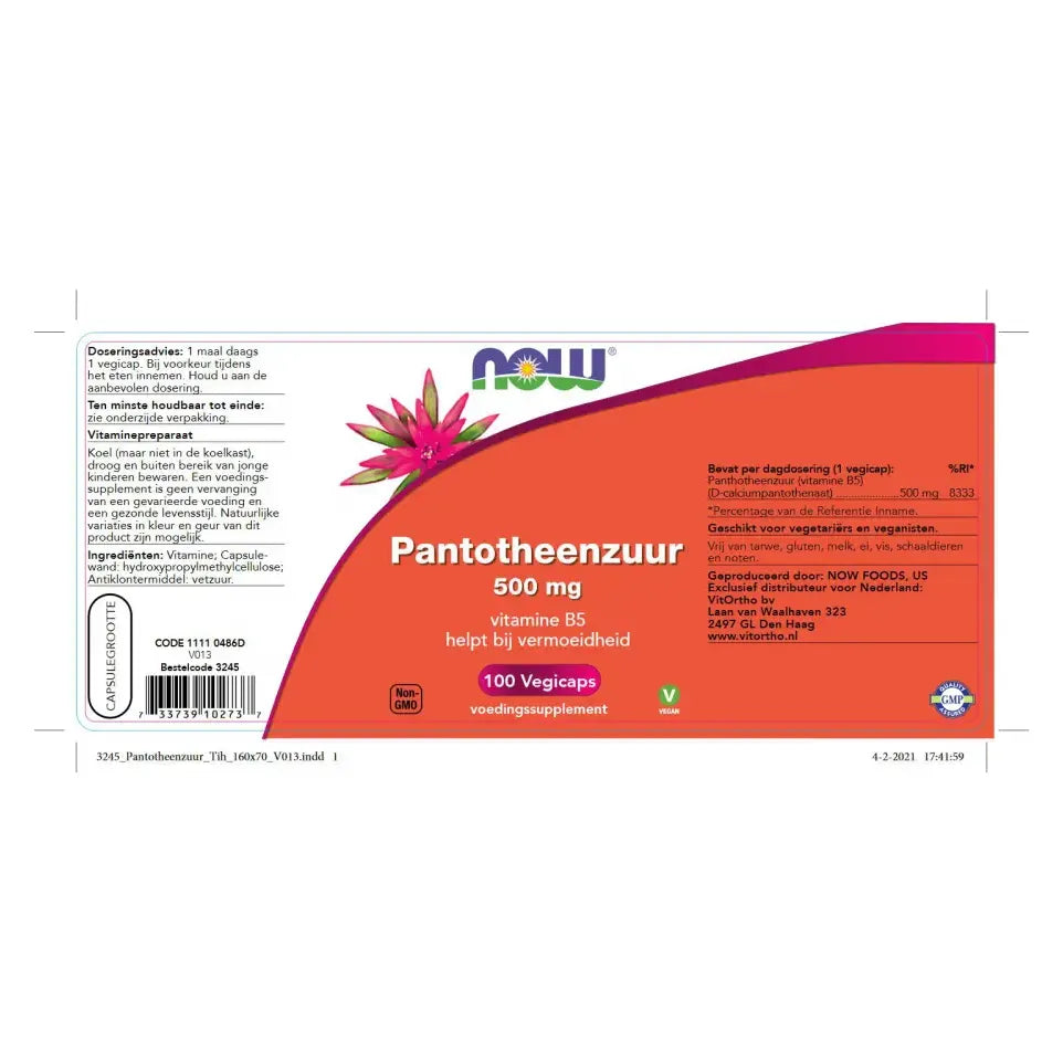 NOW Pantotheenzuur 500 mg (B5) 100 vcaps