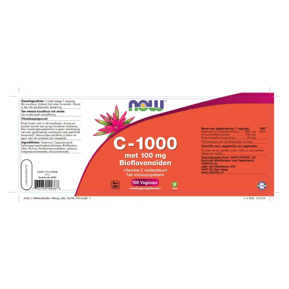NOW Vitamine C 1000 mg bioflavonoiden 100 vcaps (afbeelding 2)