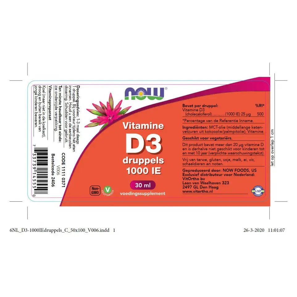 NOW Vitamine D3 druppels 25 mcg 30 ml
