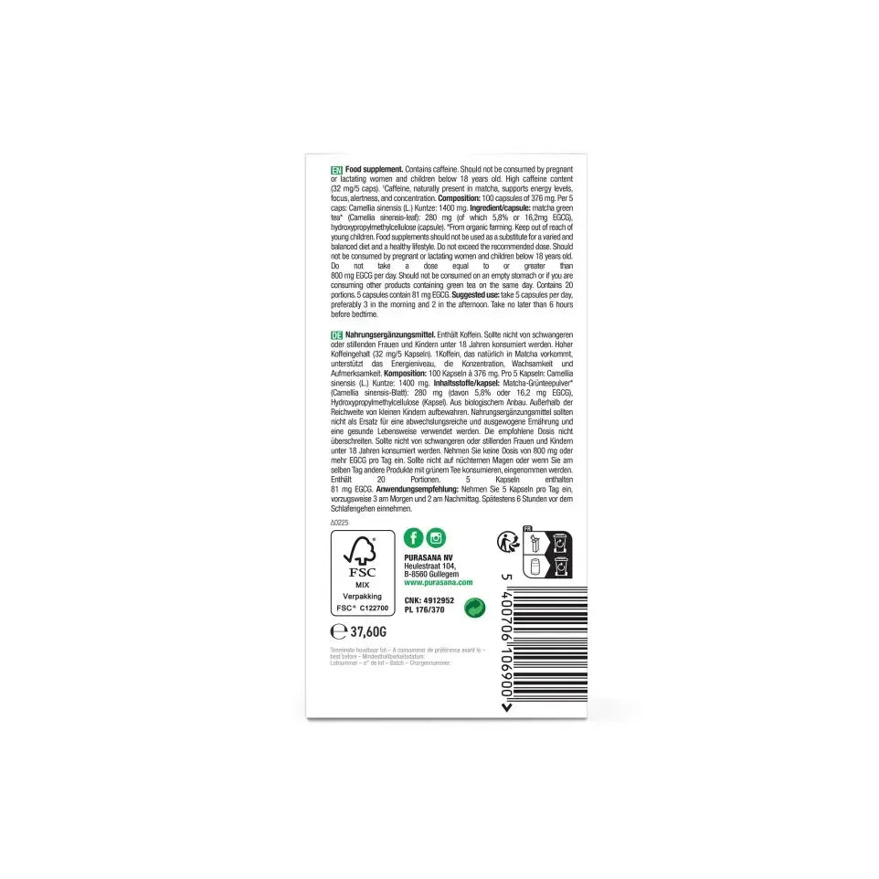 Purasana Matcha 280 mg biologisch 100 vcaps