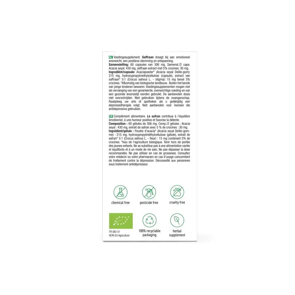 Purasana saffraan extract 15 mg biologisch 60 vcaps