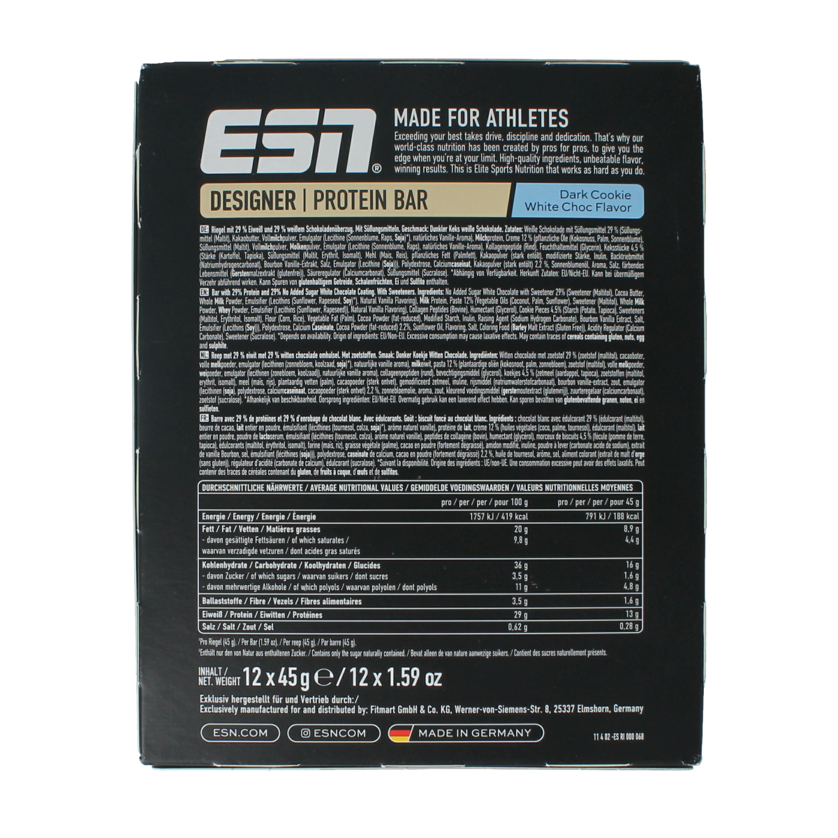 ESN Dark cookie white chocolate bar 45 g 12 stuks