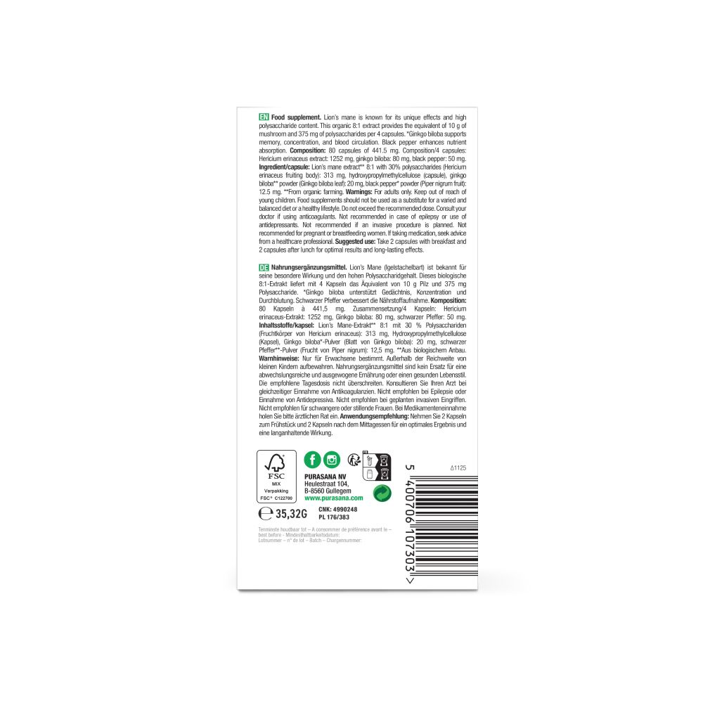 Purasana Lion's Mane 313 mg Biologisch 80 capsules (3)
