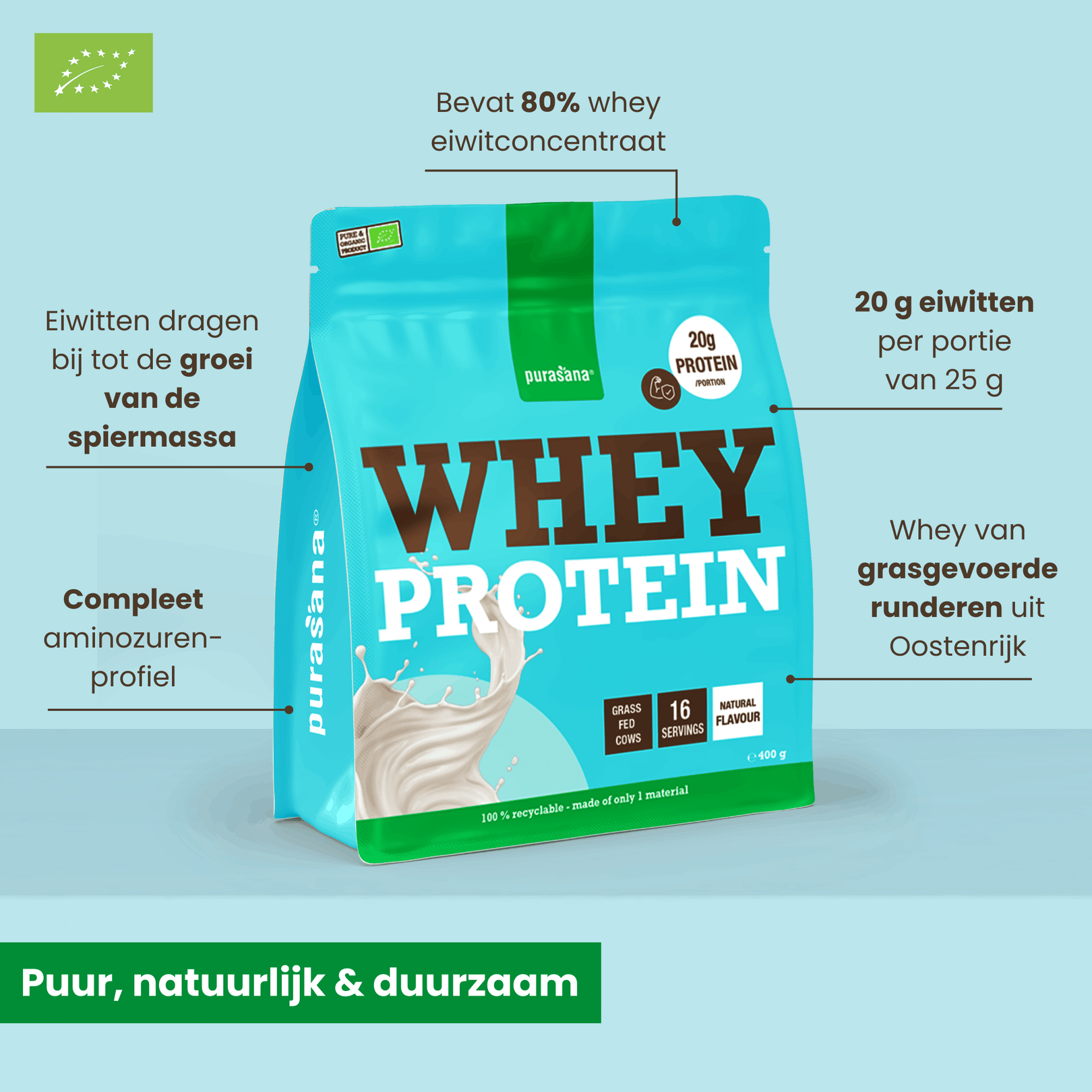 Purasana Whey proteine natuur bio 400 gram