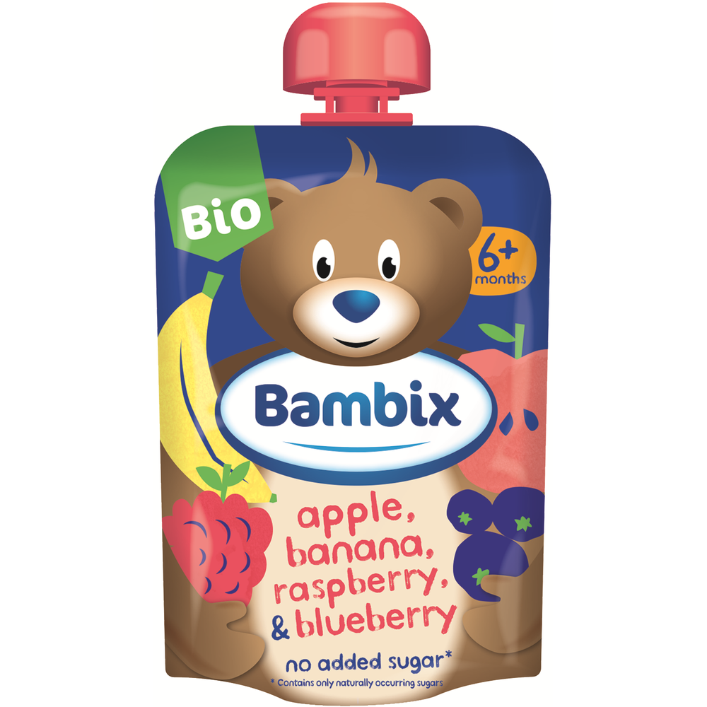 Bambix Knijpzakje Appel, Banaan, Framboos & Blauwe Bes Bio 6M+ 100 gr