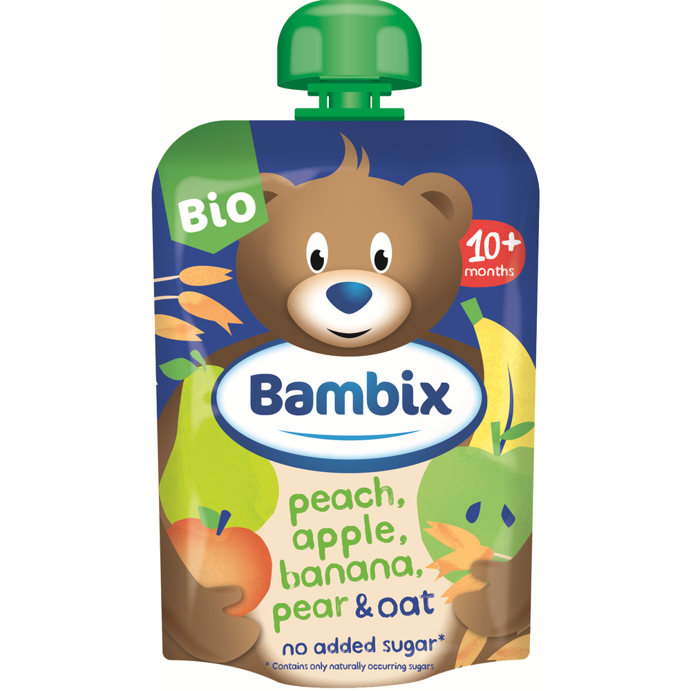 Bambix Knijpzakje Appel, Perzik, Banaan, Peer&Haver Bio 10M+ 100 gr