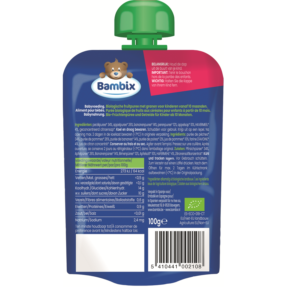 Bambix Knijpzakje Appel, Perzik, Banaan, Peer & Haver 10M+ biologisch 100 gram