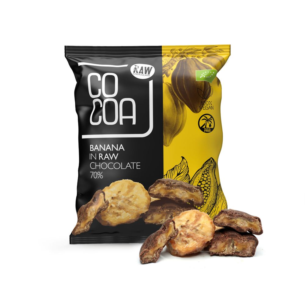 Cocoa Bananen met 70% Pure Chocolade RAW 70 gr