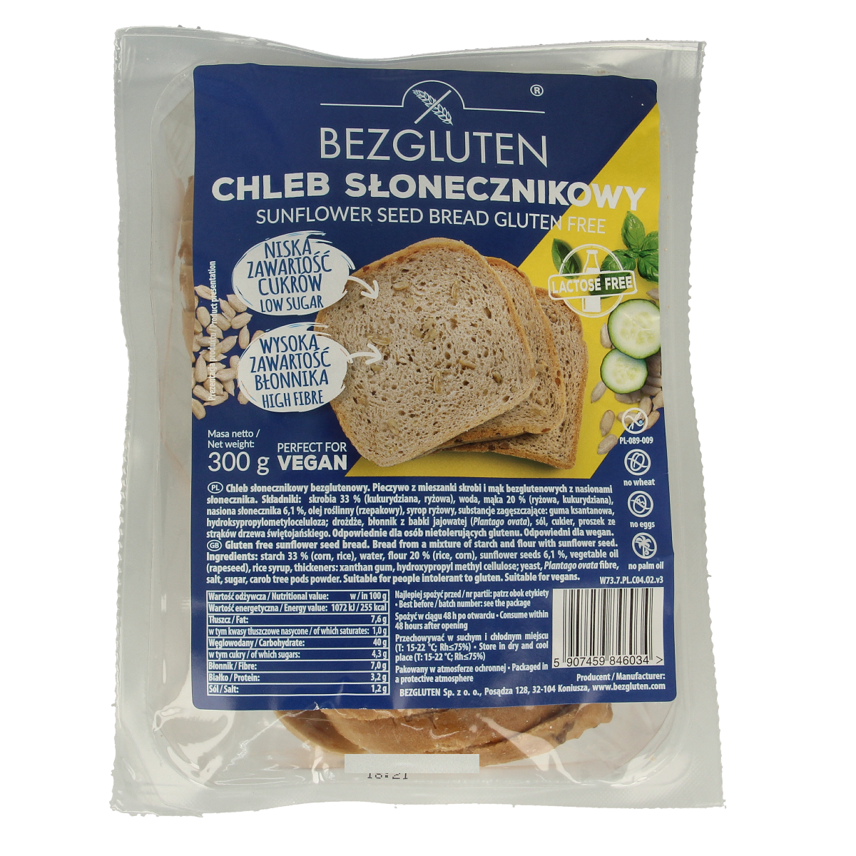 Bezgluten zonnebloempittenbrood gesneden 300 gram