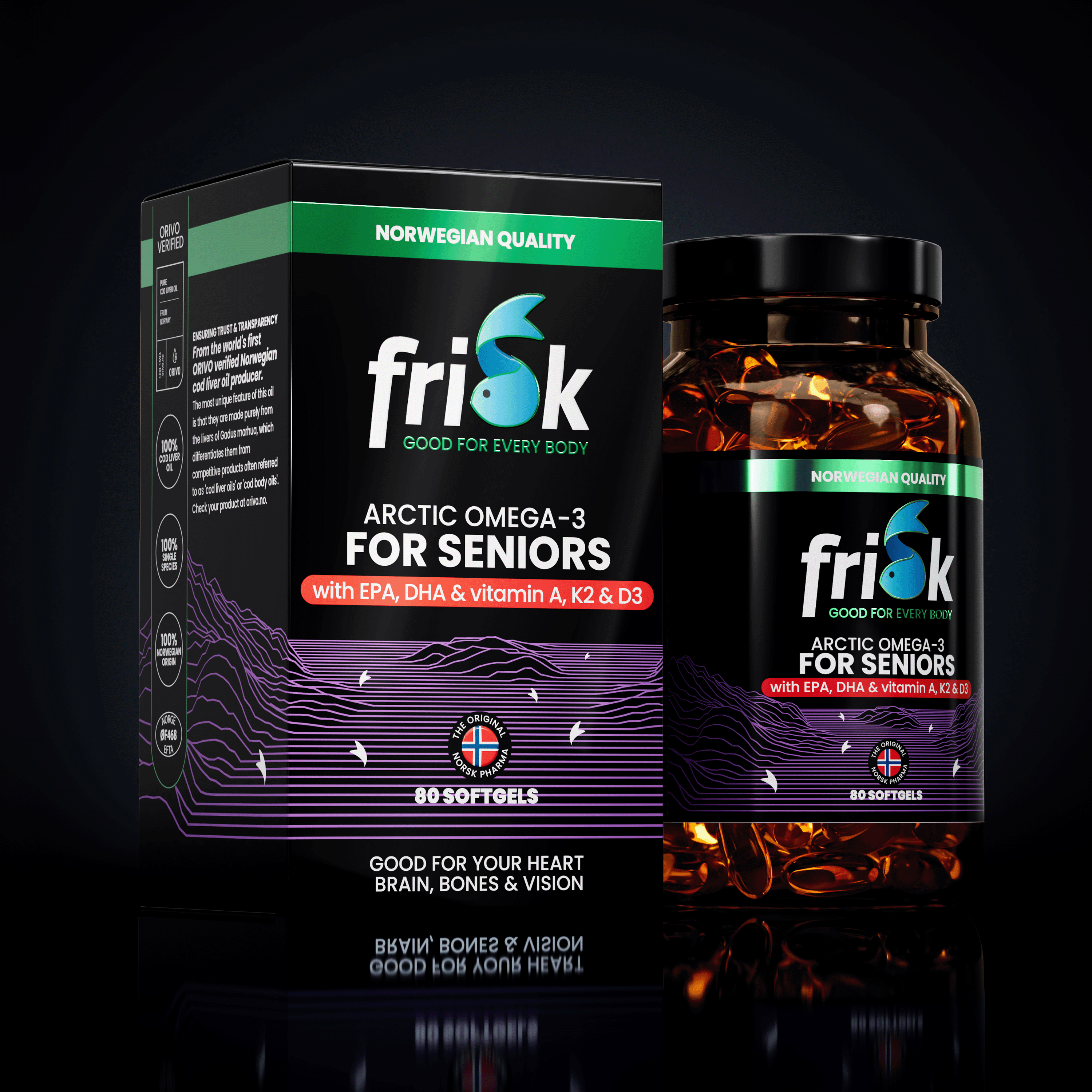 Frisk Omega 3 senioren – visolie met K2, A & D3 80 softgels