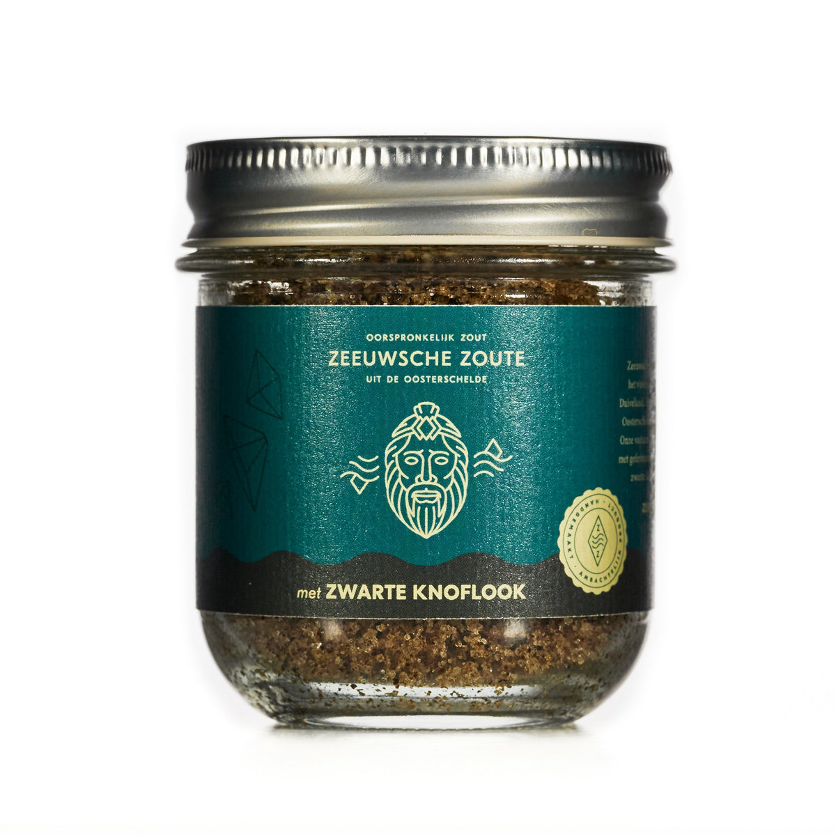 Zeeuwsche Zoute Zout met zwarte knoflook glazen pot biologisch 100 gram