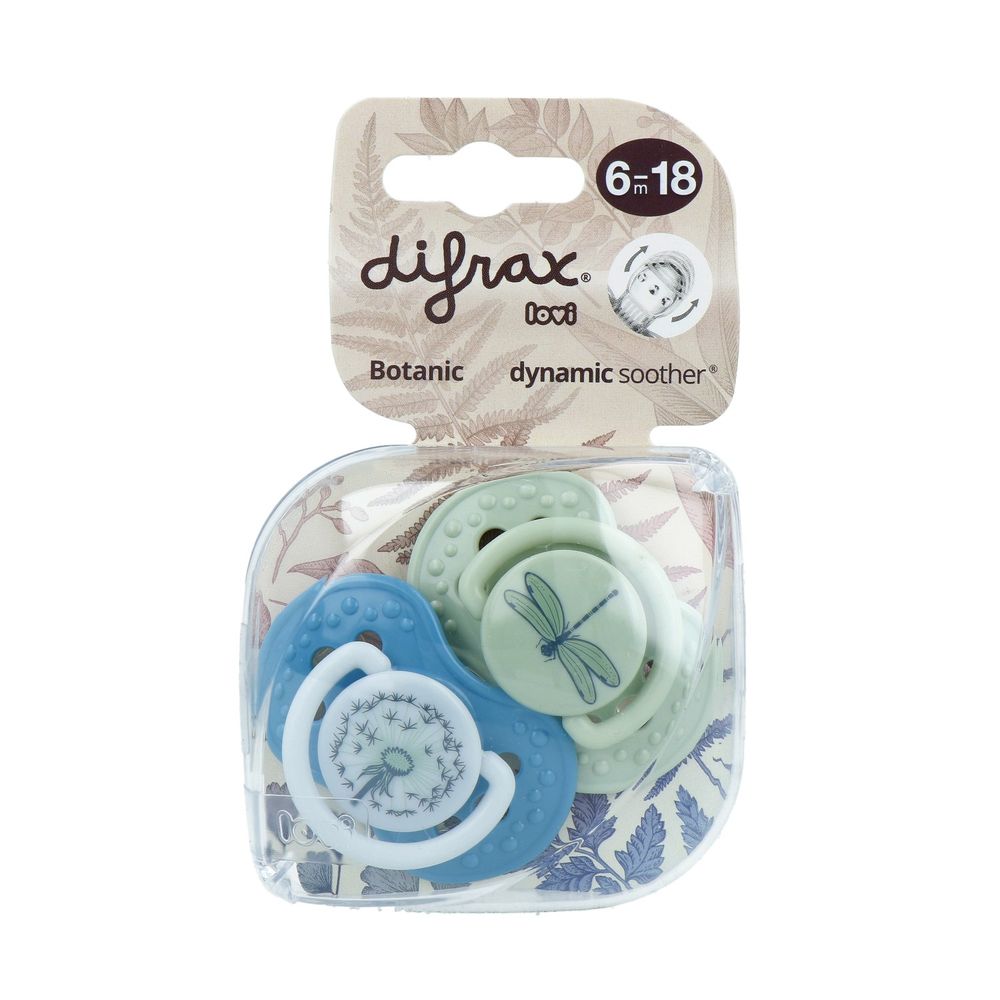 Difrax Dynamic Fopspeen 6-18M Botanic Blue / Green 2 stuks
