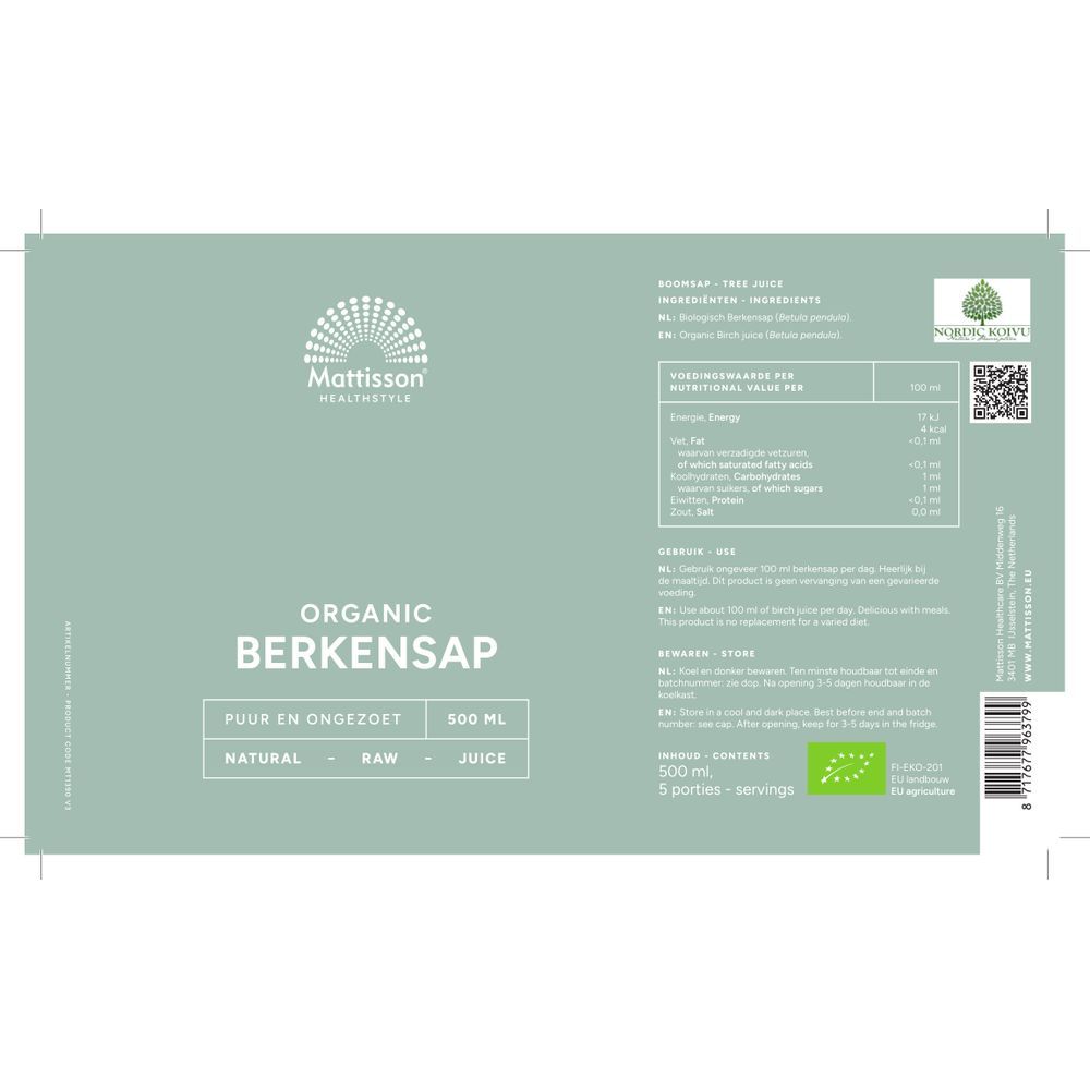 Mattisson Biologische pure Berkensap 500 ml