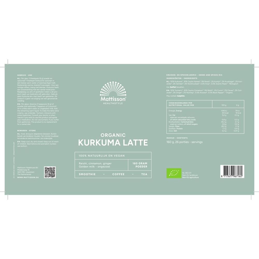 Mattisson Biologische Kurkuma Latte Ongezoet 160 gram