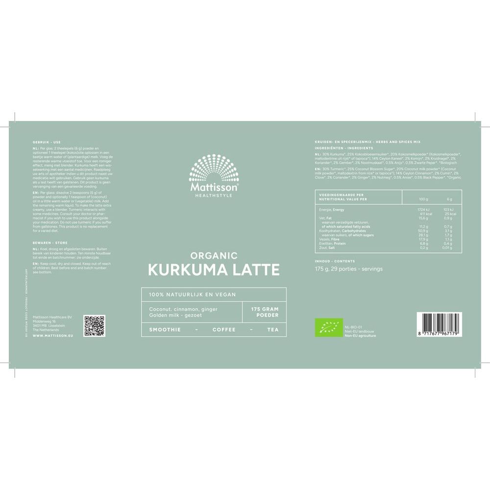 Mattisson Biologische Kurkuma Latte Gezoet 175 gram