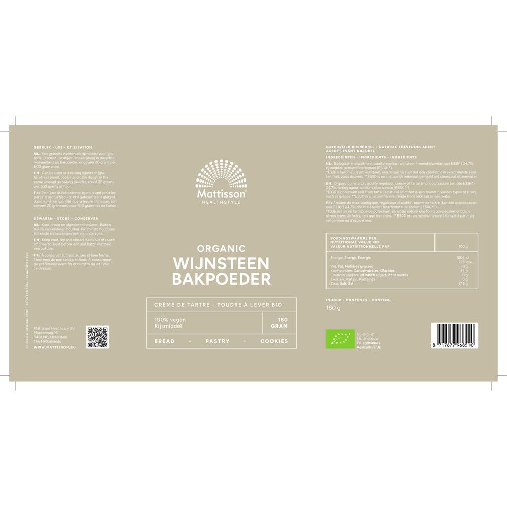Mattisson Biologische Wijnsteen Bakpoeder 180 gram
