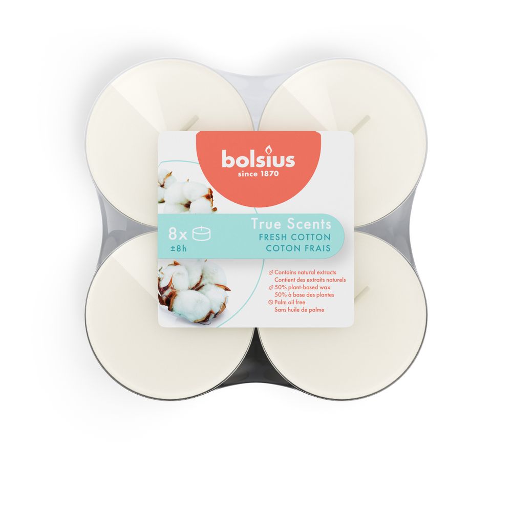 Bolsius Maxilichten Clear Cup 8U True Scents Fresh Cotton 8 st