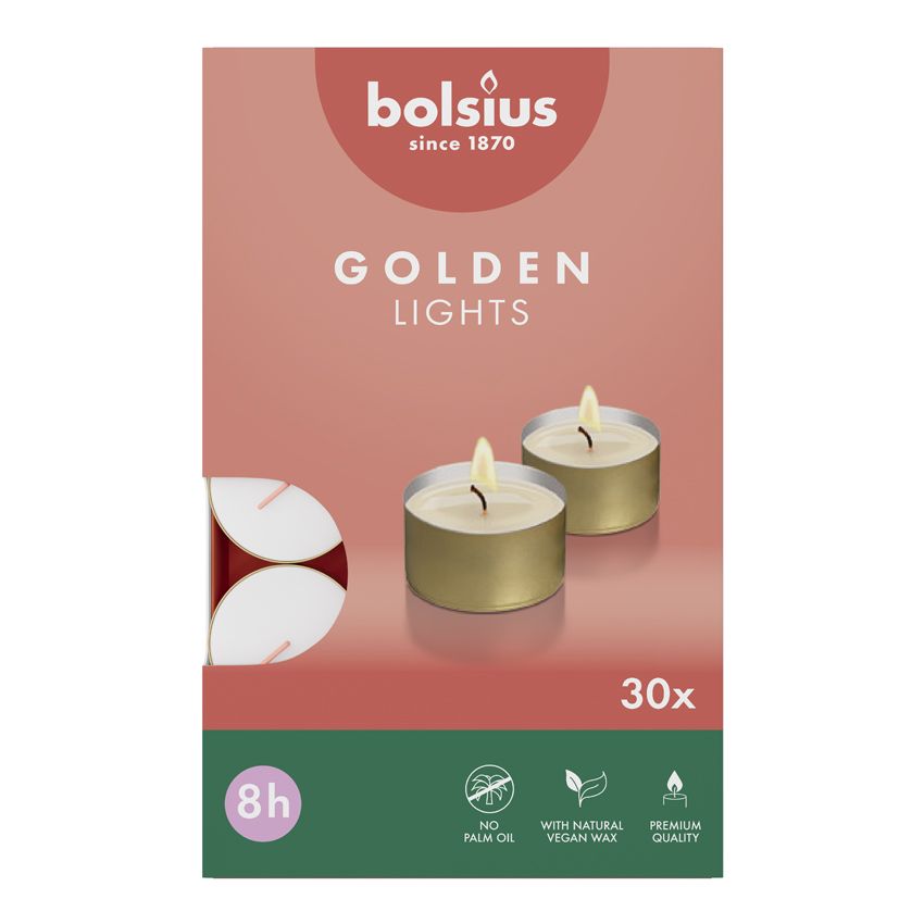 Bolsius Theelichten Golden Lights 8 Uur Wit Gouden Cup 30 st
