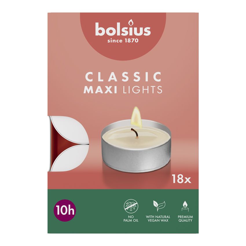 Bolsius Theelichten Classic Maxi Lights 10 Uur Wit 18 st