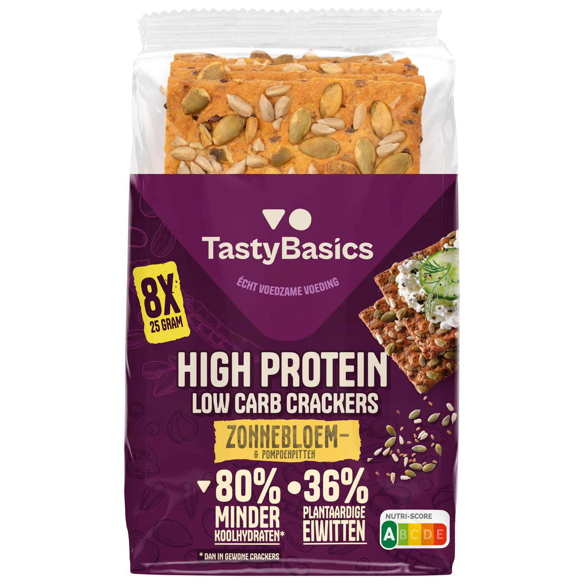 Tastybasics Less carb-high protein crackers zonnebl/pompoenpit 200 gram