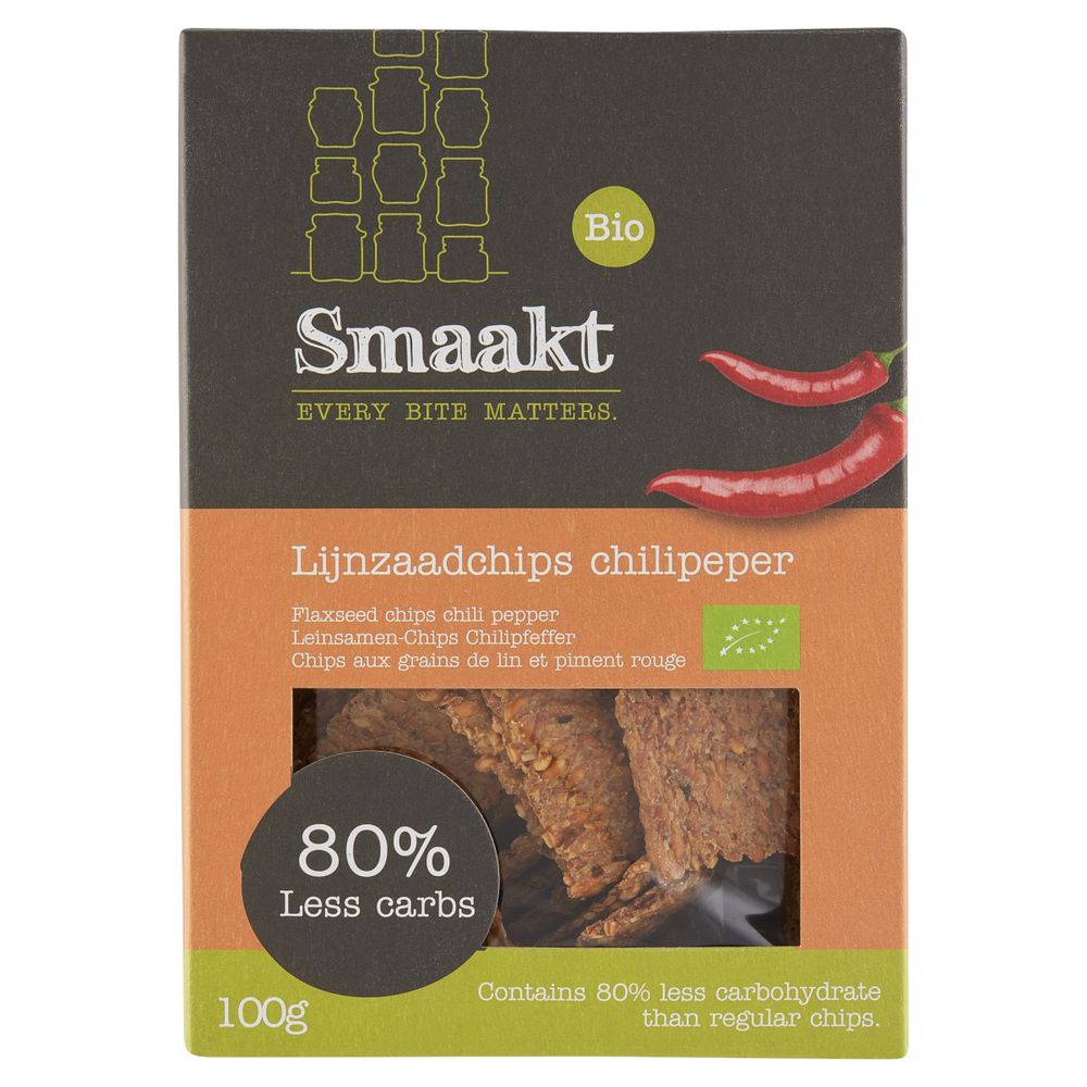 Smaakt Less Carb Lijnzaadchips Chilipeper 100 gr