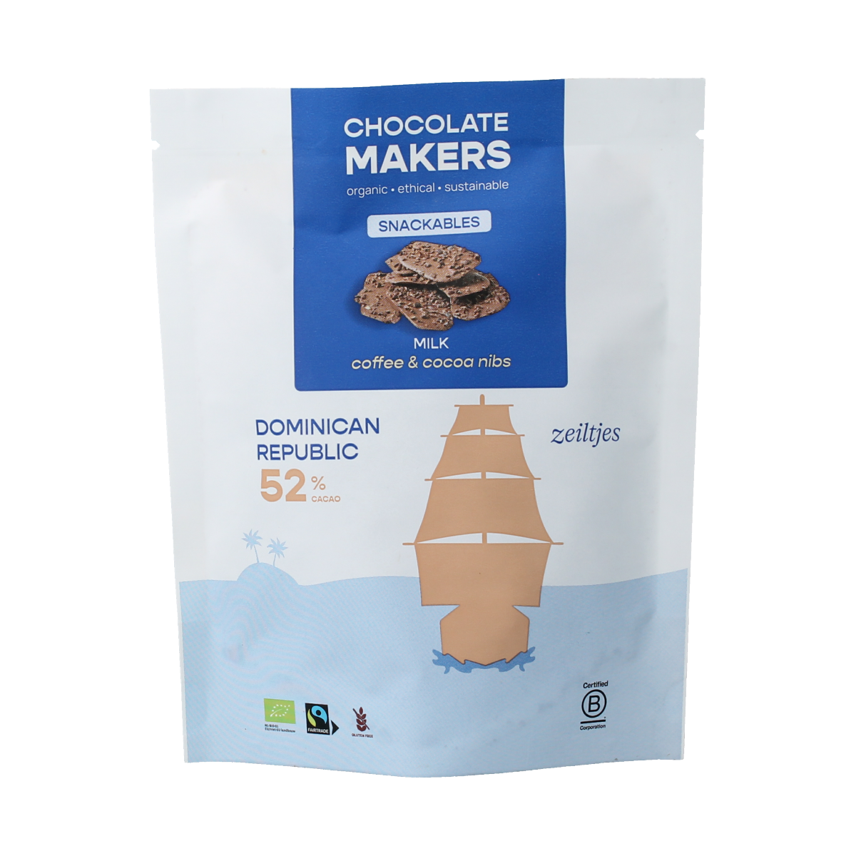 Chocolatemakers Chocozeiltjes donkere melk 52% koffie & nibs 100 gram