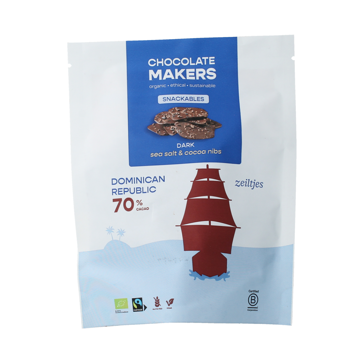 Chocolatemakers chocozeiltjes puur 70% met zeezout en nibs biologisch 100 gram
