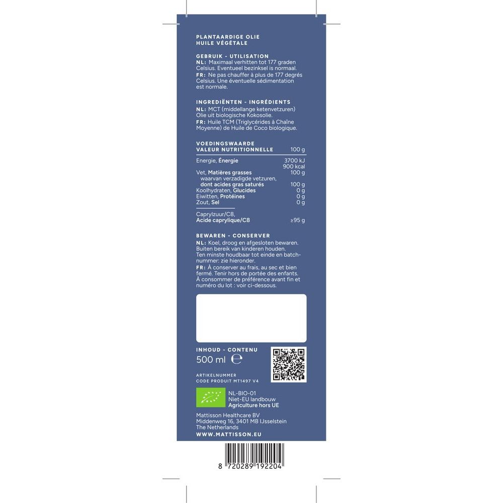 Mattisson Biologische MCT Olie C8 95% Caprylzuur 500 ml