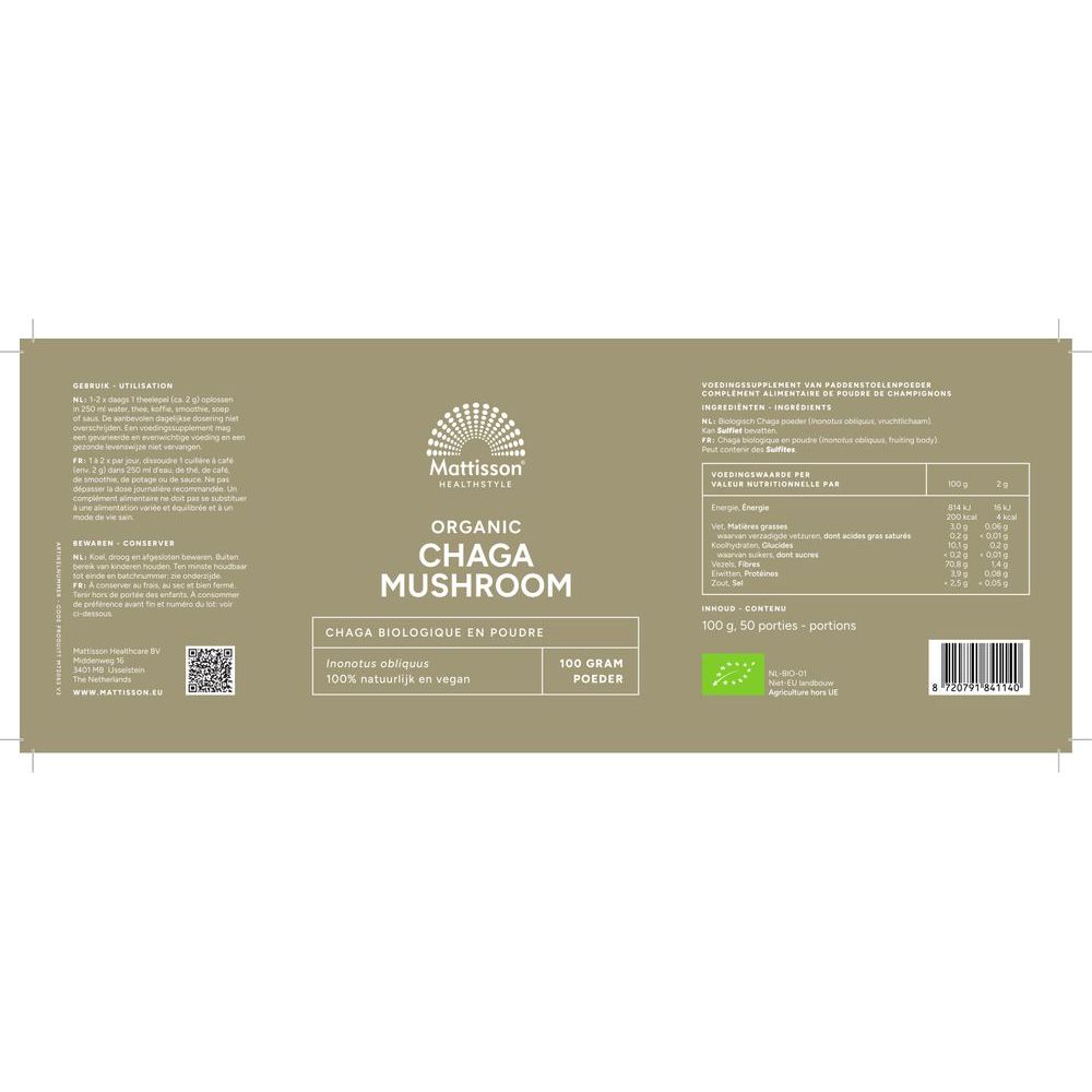 Mattisson Biologisch Chaga Mushroom Poeder 100 gram