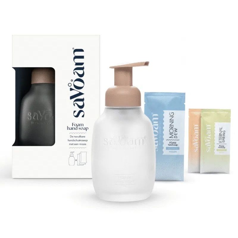 SaVoam Starterspakket Glazen Foampompje Zalm + Handzeep Sachets