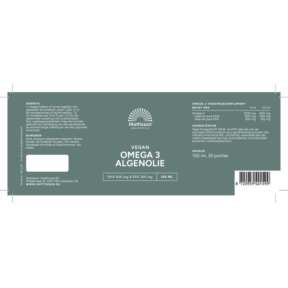 Mattisson Vegan algenolie vloeibaar 900 DHA & 300 EPA