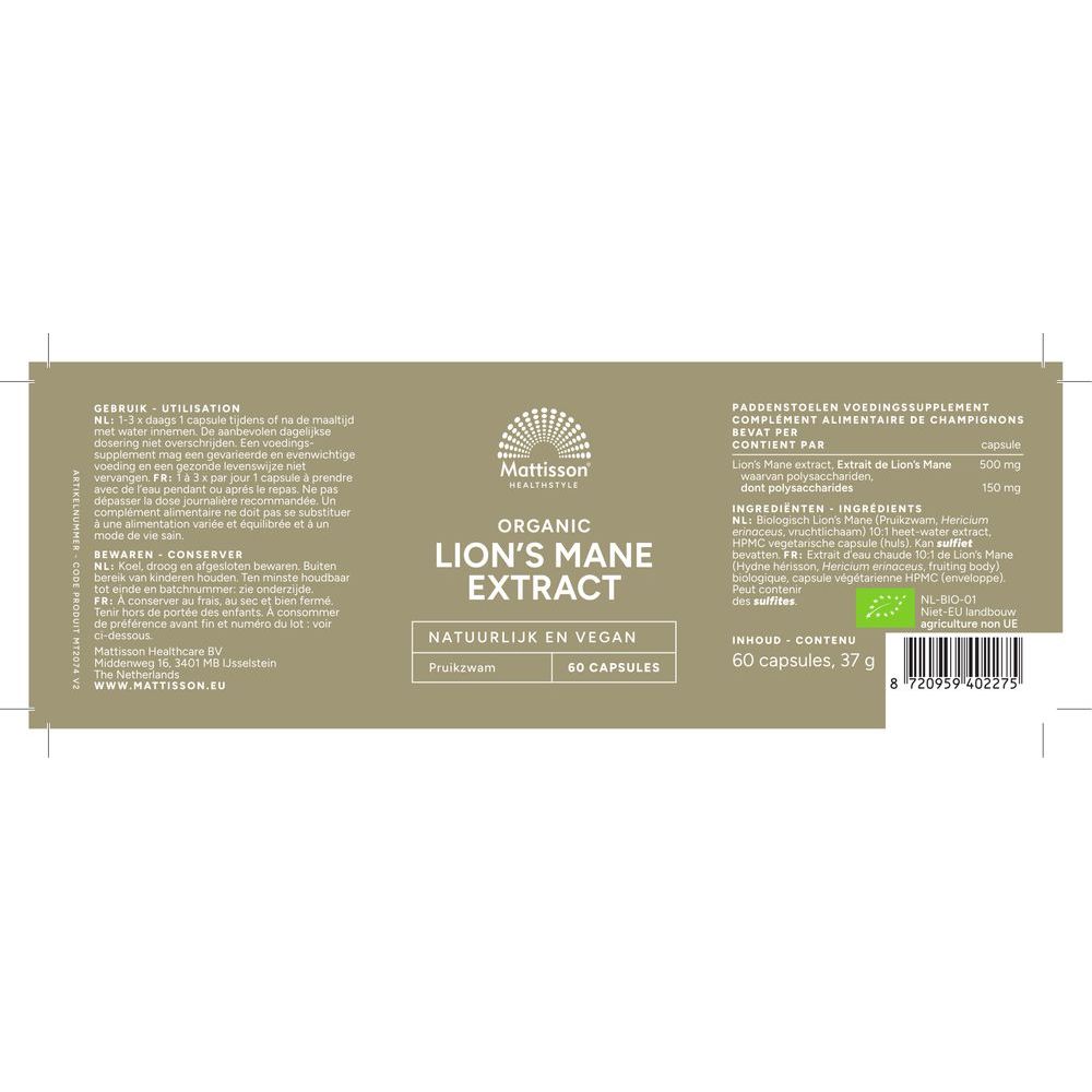 Mattisson Biologisch Lion's Mane Extract 60 vcaps