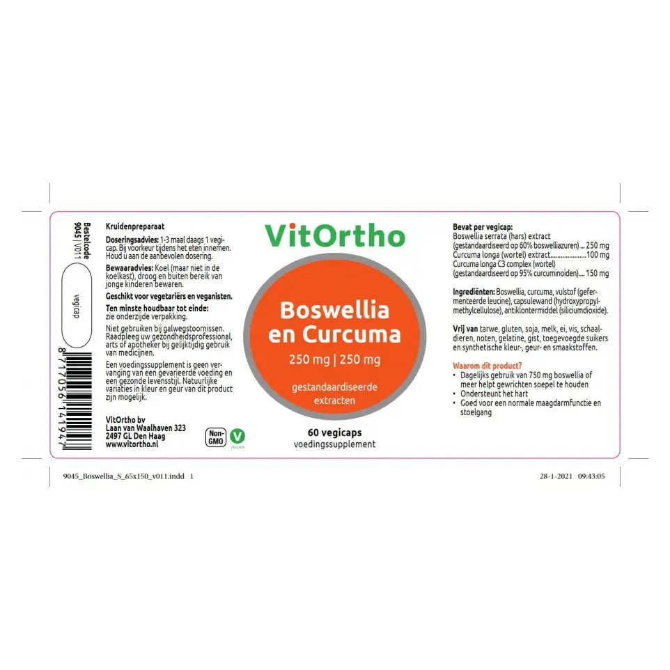 Vitortho Boswellia 250 mg en curcuma 250 mg 60 vcaps