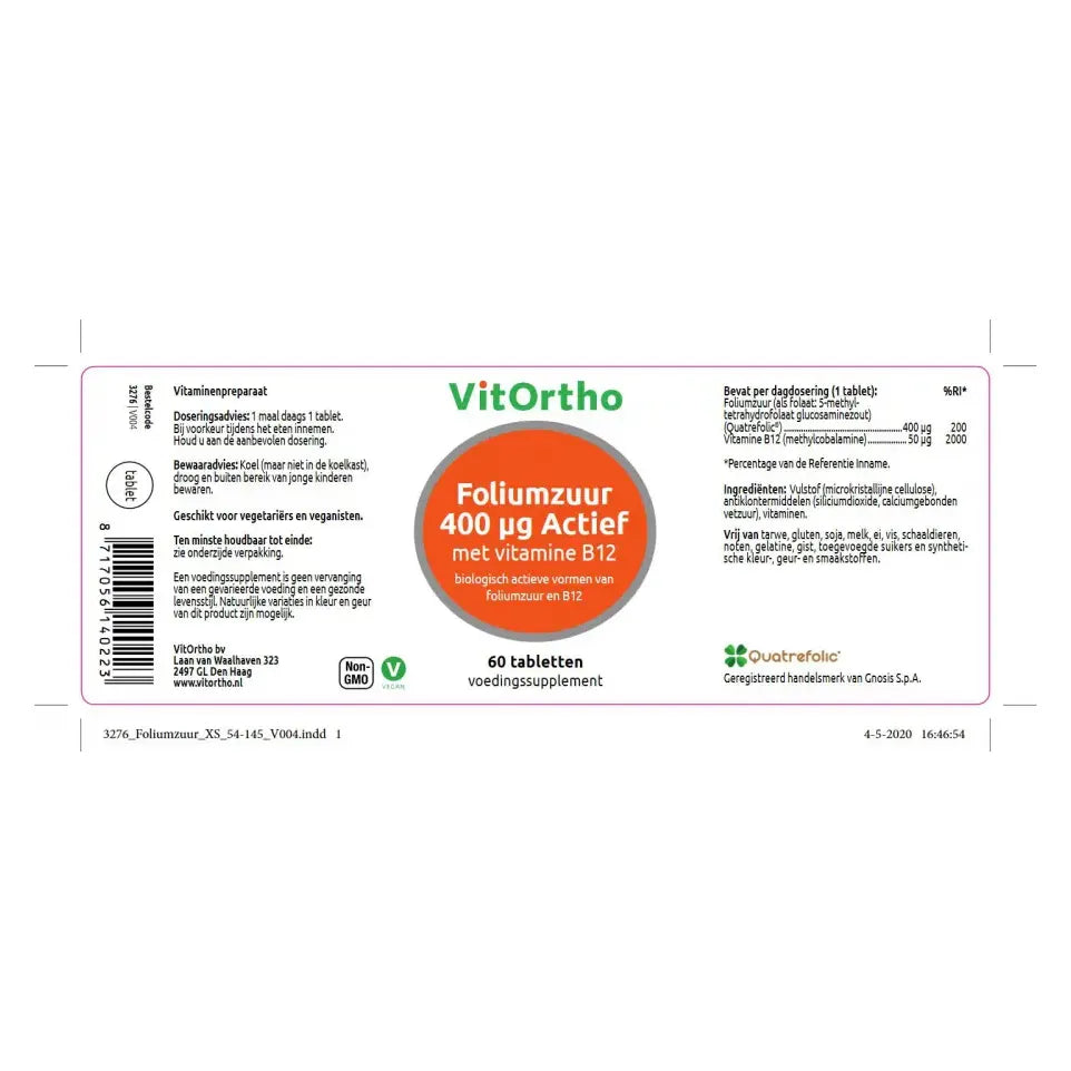 VitOrtho Foliumzuur 400 mcg met vitamine B12 60 tabletten