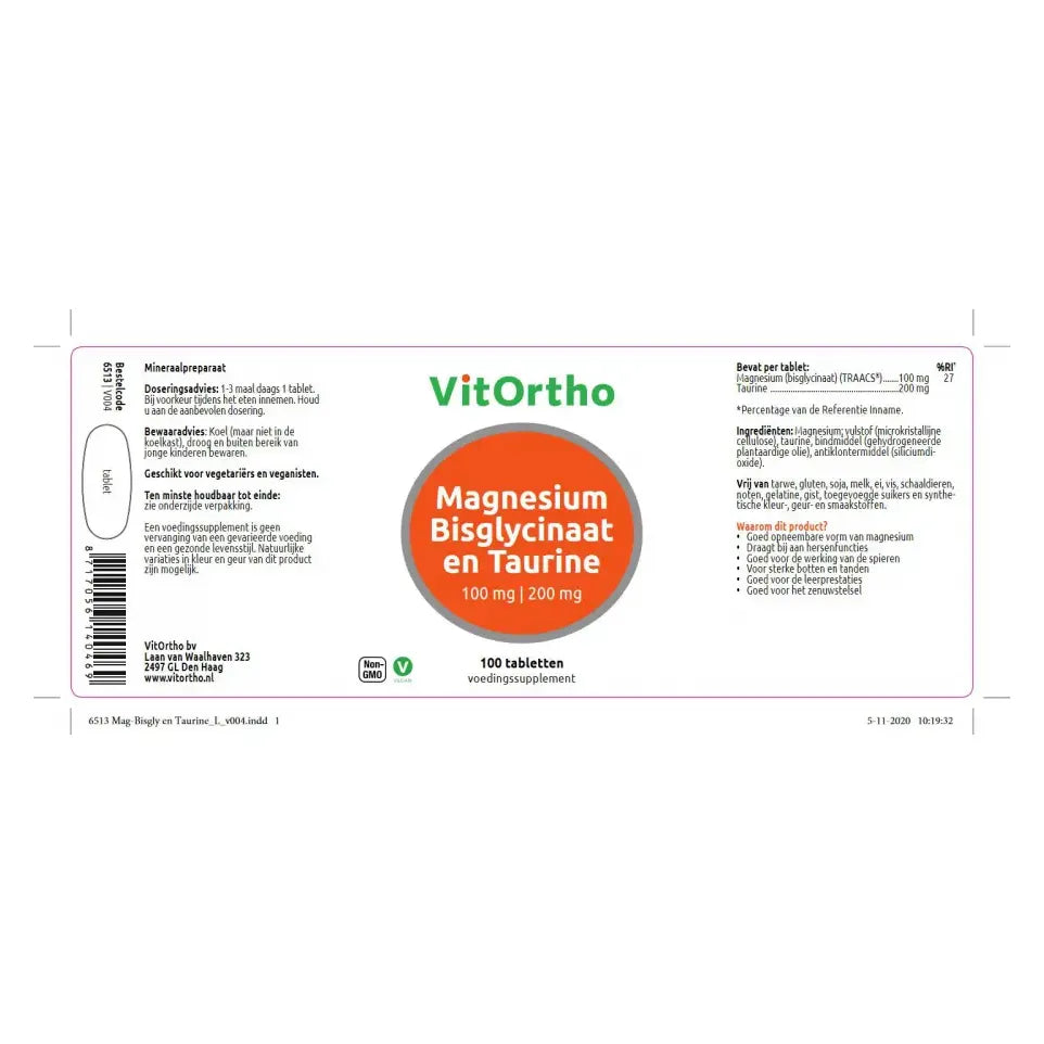 VitOrtho Magnesium bisglycinaat 100 mg en taurine 200 mg 100