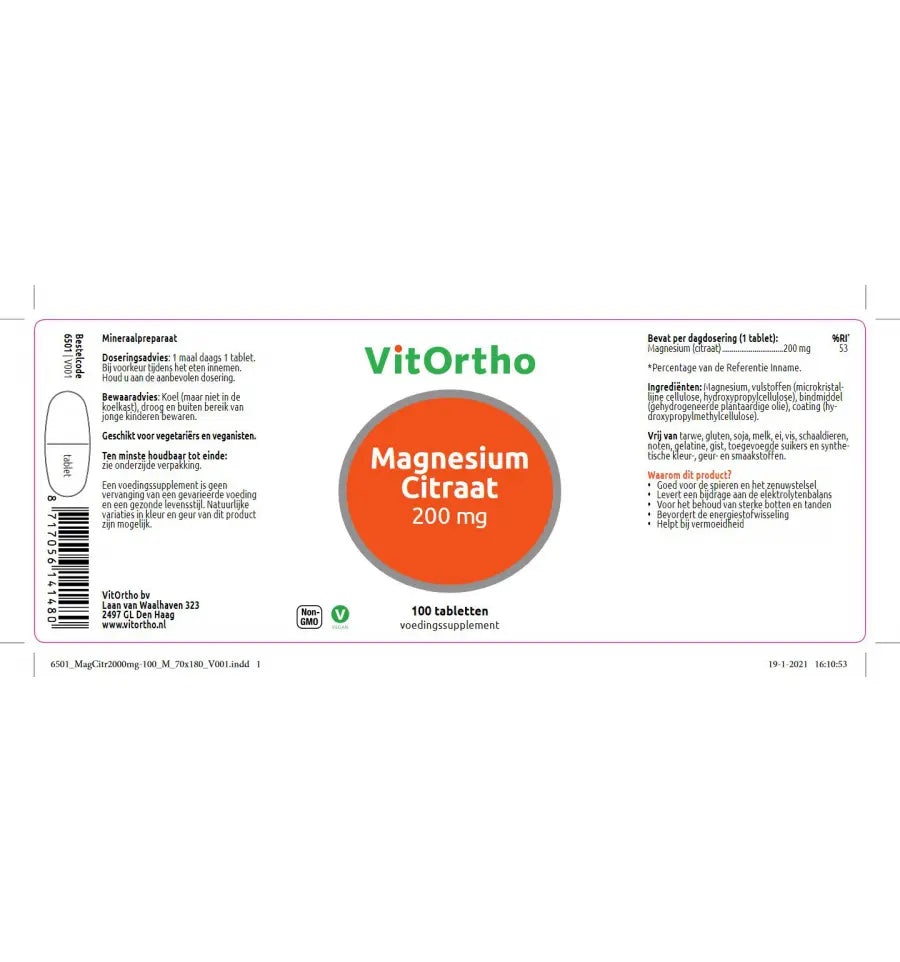 VitOrtho Magnesium citraat 200 mg 100 tabletten (afbeelding 2)