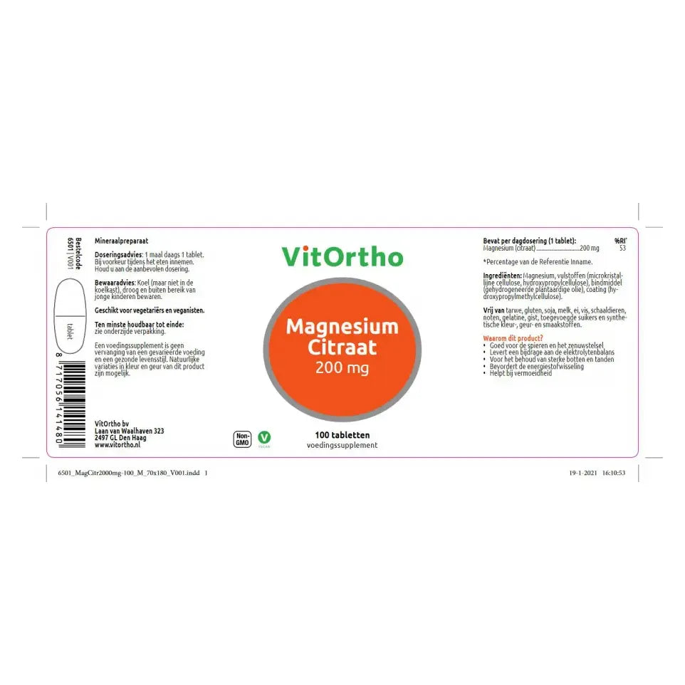 VitOrtho Magnesium citraat 200 mg 100 tabletten (afbeelding 2)