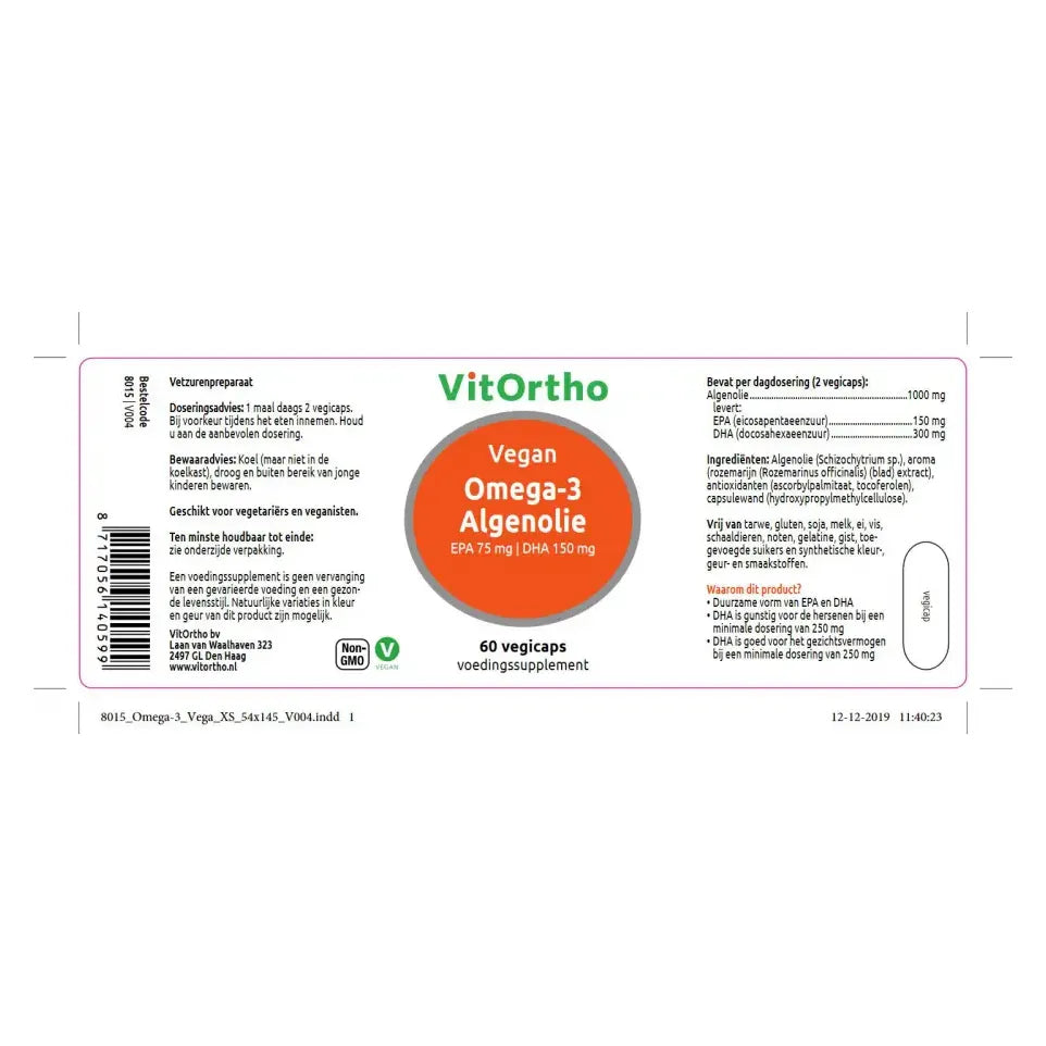 VitOrtho Omega-3 Algenolie - EPA 75 mg | DHA 150 mg 60 vcaps