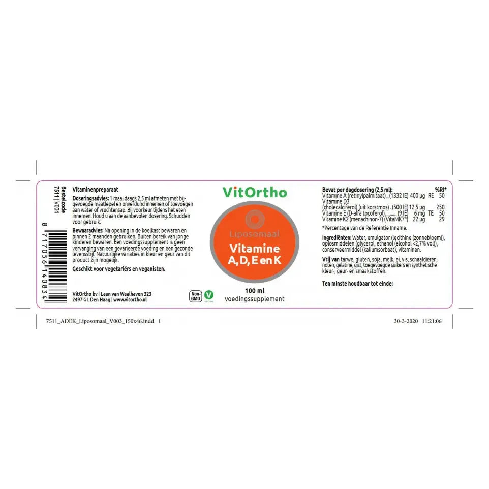 VitOrtho Vitamine A D E en K liposomaal 100 ml