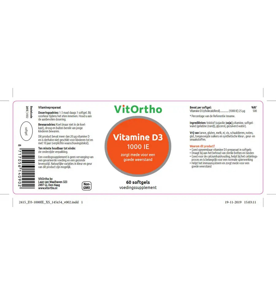 VitOrtho Vitamine D3 25 mcg 60 softgels (afbeelding 2)