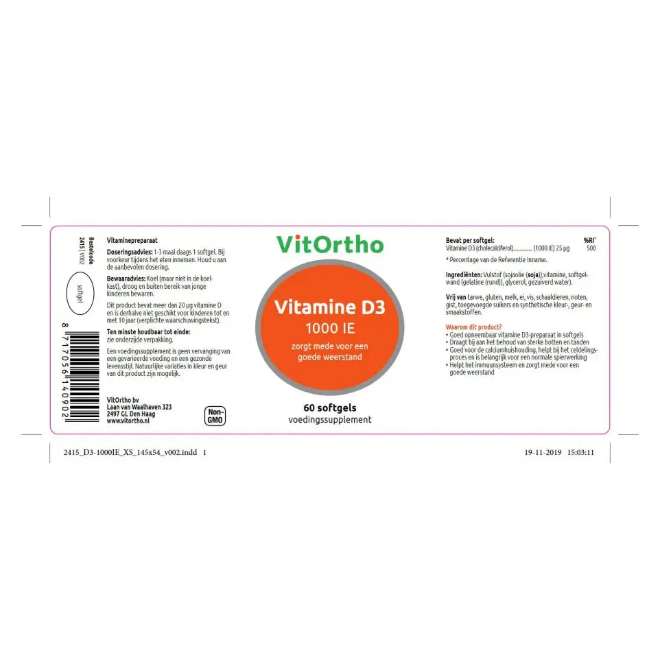 VitOrtho Vitamine D3 25 mcg 60 softgels (afbeelding 2)